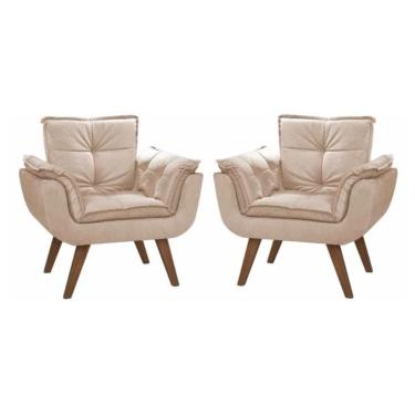 Imagem de Kit 2 Poltronas Bege Suede Opala Decorativa com Pés de Madeira