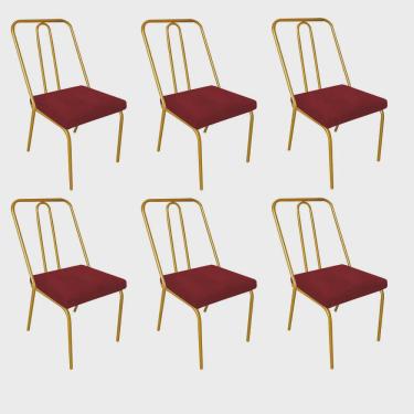 Imagem de Kit 06 Cadeira de Jantar Drika Office Escritório Recepção Ferro Dourado Suede Vermelho...
