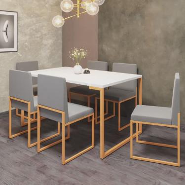 Imagem de Conjunto de Jantar Stan Industrial Mesa Quadrada 150x90cm Com 6 Cadeiras Ferro Dourado Tampo Branco Suede Cinza - Ahz Móveis
