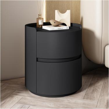 Imagem de Mesa de cabeceira de couro para microfibra redonda com 2 gaveta de madeira Mesa lateral moderna Tabela de madeira maciça Armário de armazenamento de madeira para quarto de quarto, preto, 45x