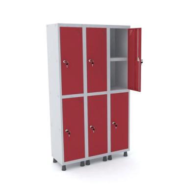 Imagem de Roupeiro de aço 3m 06 portas c/ prat. fechadura pandin - cinza/vermelh
