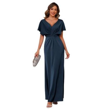 Imagem de Vestido SEIM azul marinho, cetim, decote em V, manga curta, compriment