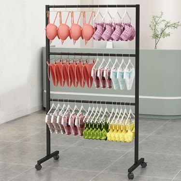 Imagem de Loja De Varejo Vestuário Rack Cabide De Roupas, Roupa Interior Cueca Rack Shorts Display Bra Stand, Organizador De Roupas Com Rodas E Prateleiras De 3 Camadas, Para Quart, Black, 60×40×135CM