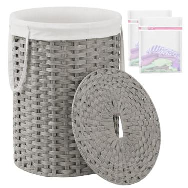 Imagem de SETVSON Cesto de roupa suja com tampa, cesto de roupa suja redondo de vime com tampa e alças 110 L, cesta tecida à mão com sacos removíveis e 2 sacos de malha para banheiro, sala de estar, cinza