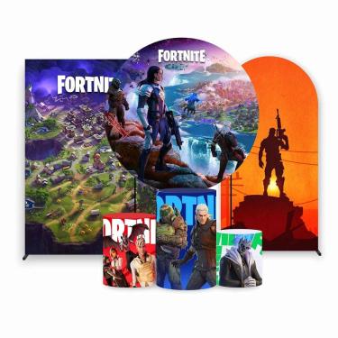 Imagem de Kit Painel de Festa Redondo de 1,80m, Trio de Cilindros, Painel Lateral e Romano Fortnite - Fera Print