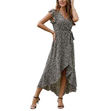 Imagem de GRECERELLE 2025 Vestido longo feminino primavera verão boho estampa floral gola V falso envoltório para convidados de casamento, formatura, festa, Floret preto, G