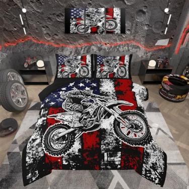 Imagem de Feelyou Jogo de cama infantil casal com bandeira americana, edredom de motocicleta, motocross, listras vermelhas brancas e estrelas, para decoração de quarto de meninos