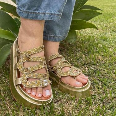 Imagem de Papete Feminina Pedraria Cobra Flat Confortável Rasteirinha Anatômica 