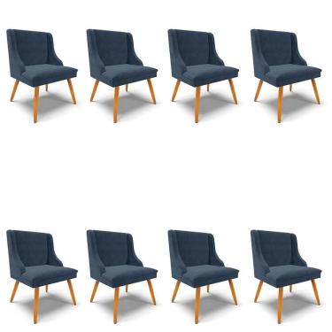 Imagem de Kit 8 Cadeiras Estofadas Para Sala De Jantar Pés Palito Lia Suede Azul Marinho - Ibiza