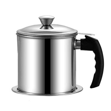 Imagem de Recipiente de graxa de bacon de aço inoxidável 304 com filtro de malha fina, alça de fácil aderência, tampa removível à prova de poeira e bandeja de porta-copos para óleo de cozinha usado, gordura