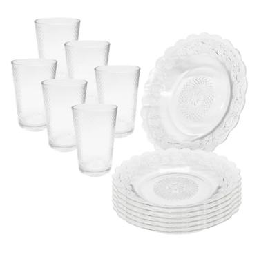 Imagem de Jogo 12 Peças Aparelho de Jantar 6 Pratos Fundo Liso Vidro + 6 Copos Latino(Primavera + Prato Estrela)