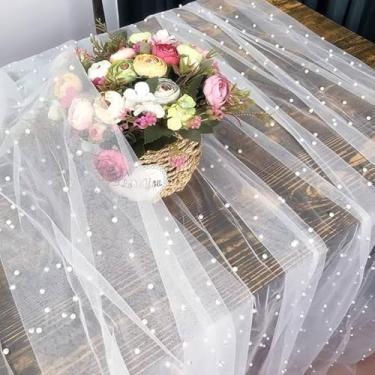 Imagem de mwellewm Toalha De Mesa Renda Com 2 Peças 3 Metros Pérolas, 30 X 120 Polegadas, Tecido Tule Branco, Cobertura Arco Véu Elegante Para Decoração Casamento, Chá Bebê, Festa Aniversário, Sobremesa