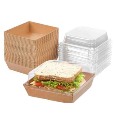 Imagem de Honkenda Caixas Descartáveis Quadradas Para Charcutaria Com Tampas Transparentes, Pequenas De Papel Kraft À Prova Óleo Sanduíches, Sobremesas, Recipientes Viagem Biscoitos, Massas E Fatias Bolo (Mar