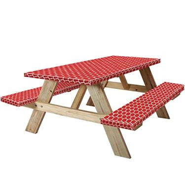 Imagem de KENOBE Mesa De Piquenique 8 Pés E Capa Ajustável Para Banco, 96" Flanela Com Borda Elástica, Plástico Impermeável Lavável, Toalha Vinil Utensílios Domésticos, Pátio Interno Externo, Vermelho Branco