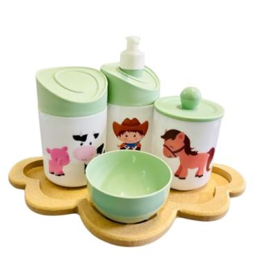 Imagem de Kit Higiene Baby Fazendinha Menino c/bandeja em MDF (Nuvem Crua/Verde)