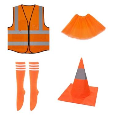 Imagem de Degpum Fantasia de cone de trânsito laranja chapéu de cone, colete e meias para mulheres e homens, Laranja, One Size