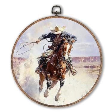 Imagem de Hxlac Arte de parede redonda vintage ocidental emoldurada, decoração de parede redonda para quarto de cowboy, rodeio ocidental, sudoeste, caubói, impressões, esculturas de parede para decoração de