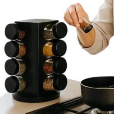 Imagem de Porta Temperos, Condimentos Giratório em Plástico Com 8 Potes, Capacidade de Cada Pote 80ml, Base Preta
