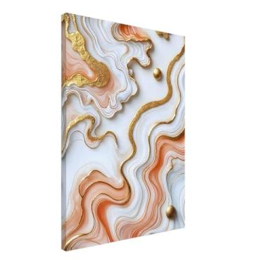 Imagem de PUREVACY Arte de parede de mármore para quarto, sala de estar ou escritório. Decoração de parede branca, dourada e laranja suave. Impressão em tela abstrata ondulada Orientação Vertical Tamanho 50 x