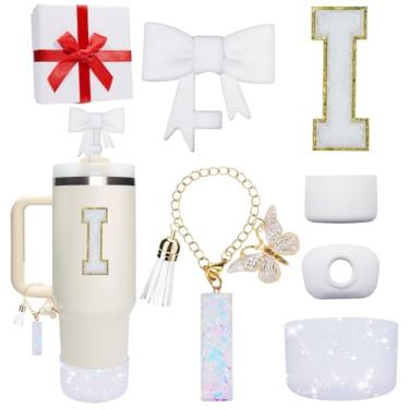 Imagem de Miglaja Acessórios rosa para Stanley Cup 850.5 g 1,134.0 g, todos os acessórios caixa de presente contêm topo de palha de flor, bota de silicone, adesivos de letras e pingentes, conjunto de tampa de