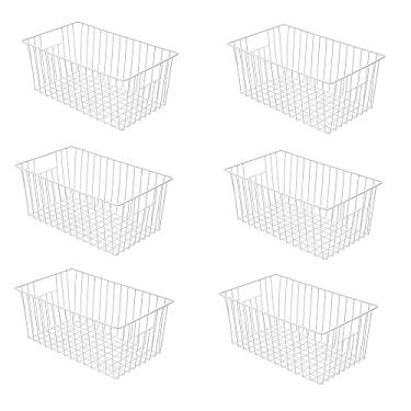Imagem de Recipiente organizador de freezer de 40 cm x 30 cm x 30 cm de altura, caixas de armazenamento de fio de metal para geladeira com alças para cozinha, despensa, armário, armários - branco pérola (6 unidades)