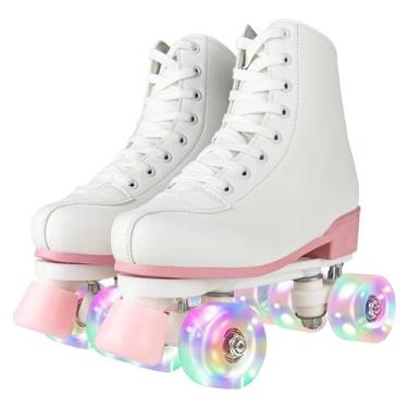 Imagem de Patins para mulheres e homens PU couro de alta qualidade adulto Roller Derby Skate Wheels Light Up Roller Skate Patins de quatro rodas brilhantes para meninas (branco claro flash, feminino 35
