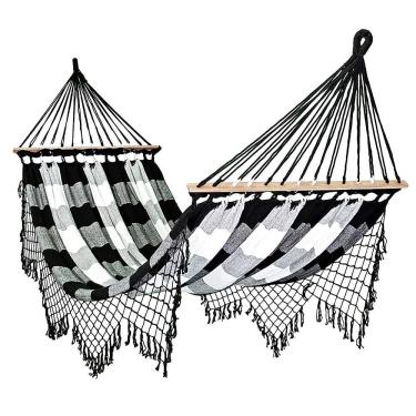 Imagem de Rede De Dormir Com Madeira Artesanal Preto Com Branco Xadrez