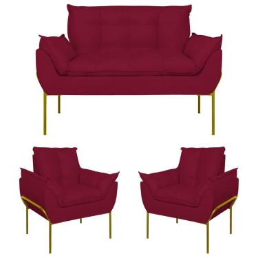 Imagem de Kit 02 Poltronas + Namoradeira Reforçada Opala Metal Dourado Marsala
