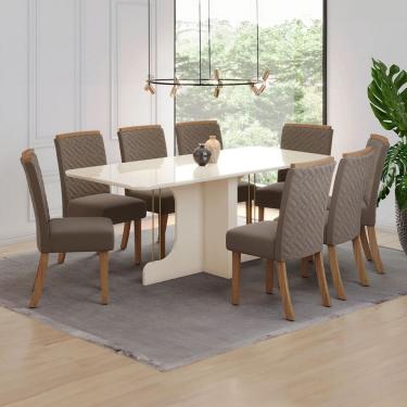 Imagem de Mesa de Jantar 8 Lugares Amara com Vidro Natural/Off White/Amêndoa - Pnr Móveis