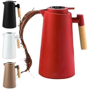 Imagem de Garrafa Térmica 1L com Termômetro Digital LED e Cabo de Madeira Premium - Mantém Bebidas Quentes ou Frias, Design Moderno, Vácuo Duplo, Ideal para Café e Chá (Vermelho)