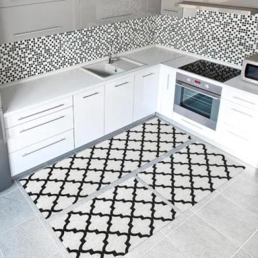 Imagem de Jogo de passadeira de cozinha tapete em jacquard antiderrapante 3 peças decoração impecável(Jogo M9 Branco)
