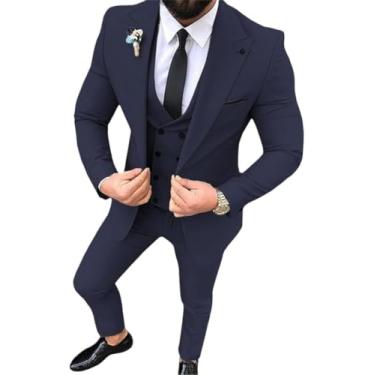 Imagem de Homens Blazer Calças Colete 3 Peças Ternos Slim Fit Casual Padrinhos Lapela Smoking De Negócios Para Formal, Navy, L