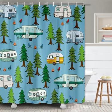 Imagem de JAWO Cortina de chuveiro para trailer, trailer de viagem, banheiro, cortina de chuveiro de acampamento, tenda de acampamento com árvores, conjunto de cortinas de chuveiro de tecido, Happy Camp Outdoor