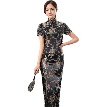 Imagem de Vestido Chinês Feminino - Verão Elegante Brocado Cetim Garfo Longo Cheongsam Clássico Chinês Vestido De Festa De Casamento Sexy Feminino Qipao Manga Curta, Black, XXL
