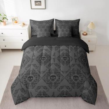Imagem de Conjunto de cama floral damasco casal, vintage, caveira, jacquard, 7 peças, para crianças, meninos, floral, exótico, conjunto de edredom com lençóis, fronhas e fronhas, cinza macio, preto, decoração
