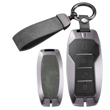 Imagem de ontto Capa para chave adequada para BYD Song Plus Atto 3 Han EV Tang DM Qin Seal Seagull Dolphin, capa de chaveiro de metal e couro, com chaveiro, cinza