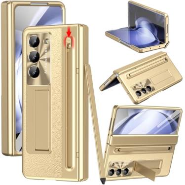 Imagem de YQODSZ Capa para Samsung Galaxy Z Fold 4 com suporte para caneta S e caneta Stylus, capa dobrável de couro PU com suporte protetor de tela embutido para câmera Z Fold 4 Gold