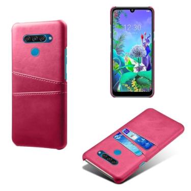 Imagem de Capas Compatível com LG Q60,Caso de couro PU-Tampa de telefone a prova de choque com 2 slots de cartão,Proteção anti-impressão digital e anti-gota-Rose Red