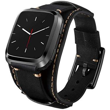 Imagem de Sjiangqiao Compatível com pulseiras Fitbit Versa/Versa 2/Versa Lite/Versa SE, pulseira de couro legítimo de 23 mm, pulseira de substituição, pulseira de punho, cinto, compatível com relógio Fitbit Versa para homens e mulheres, Preto