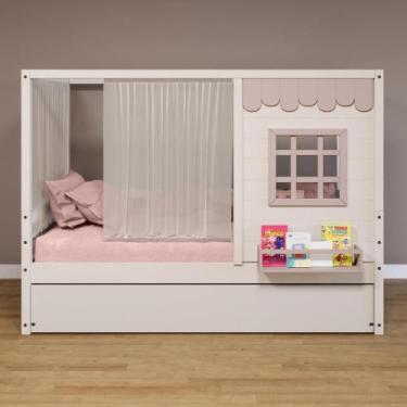 Imagem de Bicama Casinha Cortina Madeira Branco/Rosa - Housin