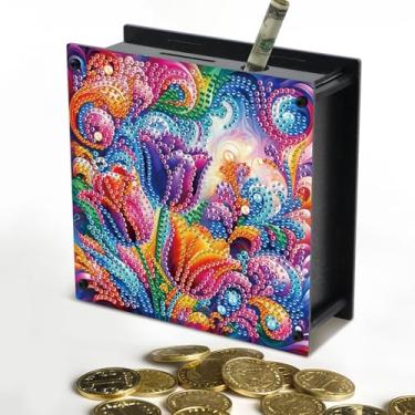 Imagem de TDFERAN Pintura de diamante cofrinho 14 x 14 cm caixa moeda lata tulipa sardas e artesanato para adultos caixa eletrônico design de flores bancos de dinheiro práticos ideais lembrança presente