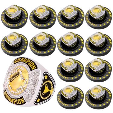 Imagem de daijbling 12 peças de anel de campeonato de futebol de troféu de bola esportiva presente com corrente de pescoço de exibição e suporte para vencedor de torneio ou campeão da liga (12 peças de anéis de