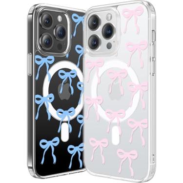 Imagem de Mephoro Pacote com 2 capas magnéticas para iPhone 15 Pro Max, capa com laço compatível com MagSafe, capa fofa com design de fita transparente, estética, telefone antiamarelamento, proteção à prova de