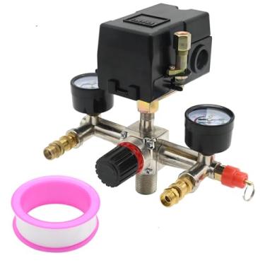 Imagem de EATAKWARD Válvula De Controle Pressostato Compressor Ar Com Fundo Amarelo, Regulador 90-120 Psi Kit Conector Manômetro Para Ambientes Industriais, Comerciais E Residenciais (Padrão Americano)