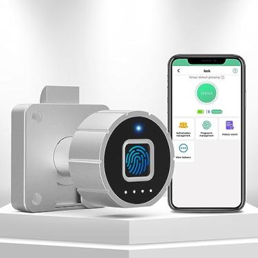 Imagem de Pothunder Fechadura De Armário Com Impressão Digital, 1-1/4'' Travamento Automático, Trava Segurança Para Crianças Sem Chave, Bluetooth, Gavetas Arquivo, Móveis, Porta Dupla