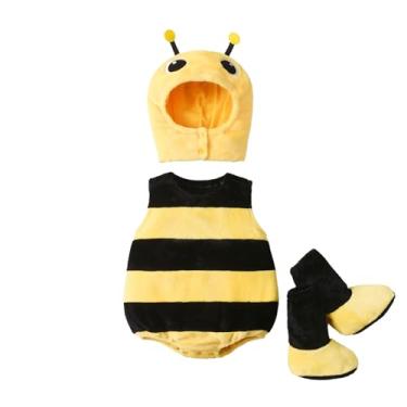 Imagem de Kuriozud Cute Fuzzy Animal Costume for Baby Girl Boy Halloween Costume Romper with Hat and Leg Warmer 4pcs Cosplay Outfit Bee Yellow, 12-18 Monhts