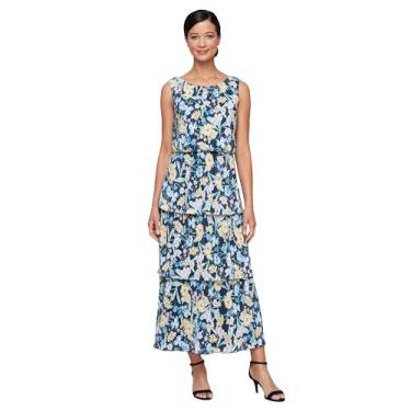 Imagem de S.L. Fashions Vestido feminino longo plissado em camadas para convidadas de casamento, primavera/verão, Azul-marinho multi, 42