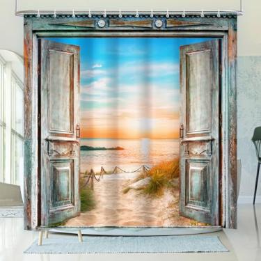 Imagem de Vimorco Boho Beachy Cortinas de chuveiro litorâneas, cortina impermeável de tecido de poliéster para porta de celeiro para banheiro com 12 ganchos, oceano, nascer do sol, litoral, paisagem marítima