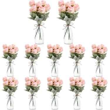 Imagem de Zeyune Pacote com 36 peças centrais florais artificiais de flores de rosas artificiais com vaso, 24 pacotes de buquê de rosa sintética de seda, 12 vasos de plástico com corda para decoração de mesa de