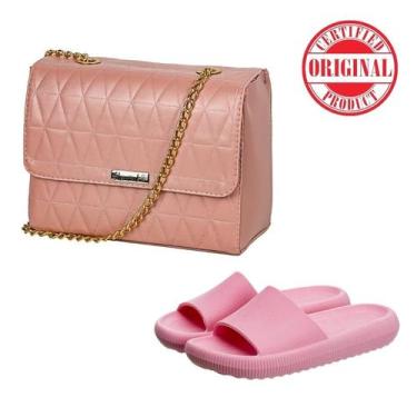 Imagem de Bolsa Matelassê Feminina Transversal Alça Corrente Rosa + Chinelo Slid
